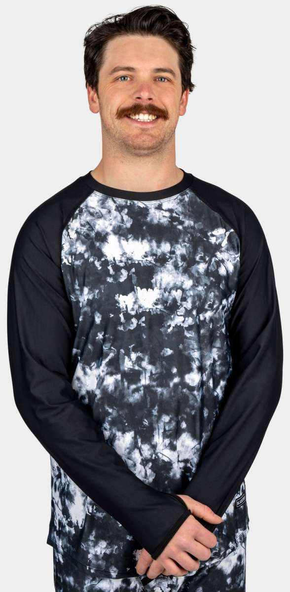 BlackStrap Skyliner Crew Top Baselayer 2024 - A black crew neck top with a white and grey abstract pattern on chest and sleeves.