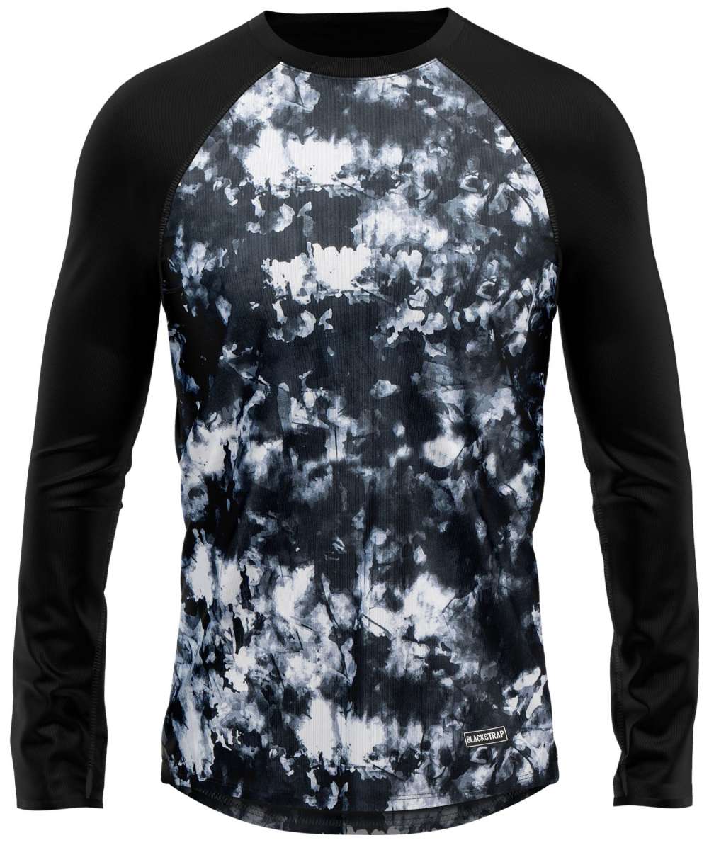 BlackStrap Skyliner Crew Top Baselayer 2024 - A black crew-neck top with a white and grey abstract pattern on the chest area.