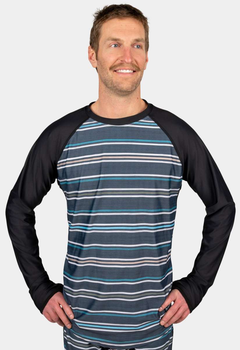 BlackStrap Skyliner Crew Top Baselayer 2024 - A black crew neck top with horizontal white and grey stripes.