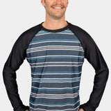 BlackStrap Skyliner Crew Top Baselayer 2024 - A black crew neck top with horizontal white and grey stripes.