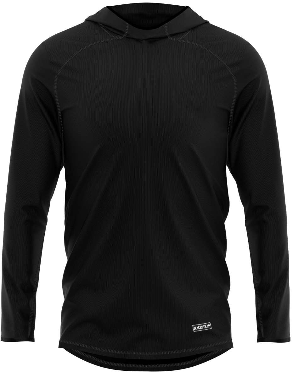 BlackStrap Summit Base Layer Hoodie 2024 - A black hoodie with a hood and long sleeves, featuring a ribbed texture on the cuffs and hem.