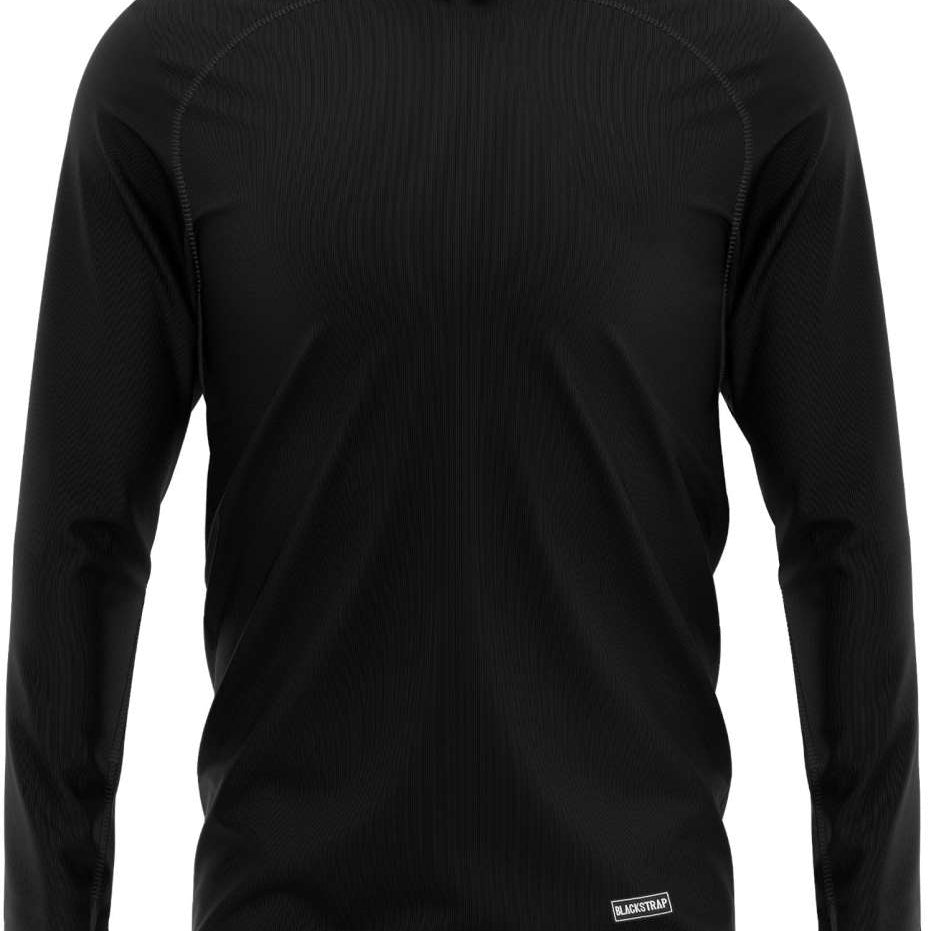 BlackStrap Summit Base Layer Hoodie 2024 - A black hoodie with a hood and long sleeves, featuring a ribbed texture on the cuffs and hem.