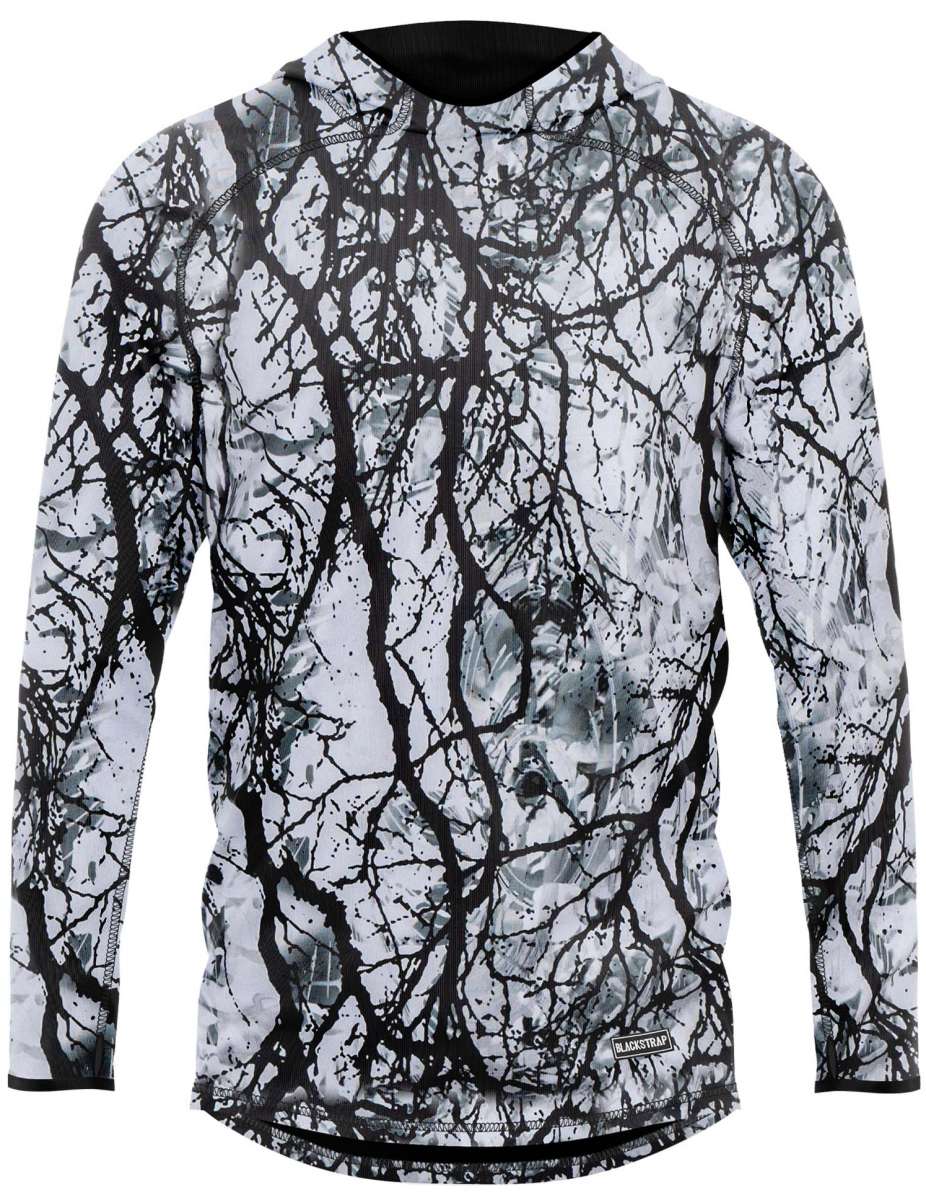 BlackStrap Summit Base Layer Hoodie 2024 - A black and white hoodie with a tree branch pattern on it.