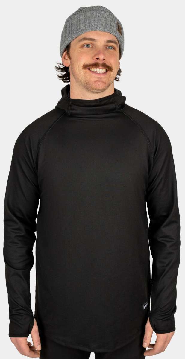 BlackStrap Summit Base Layer Hoodie 2024 - A black hoodie with a high collar and long sleeves, featuring a small white logo on the bottom right side of the chest area.