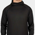 BlackStrap Summit Base Layer Hoodie 2024 - A black hoodie with a high collar and long sleeves, featuring a small white logo on the bottom right side of the chest area.