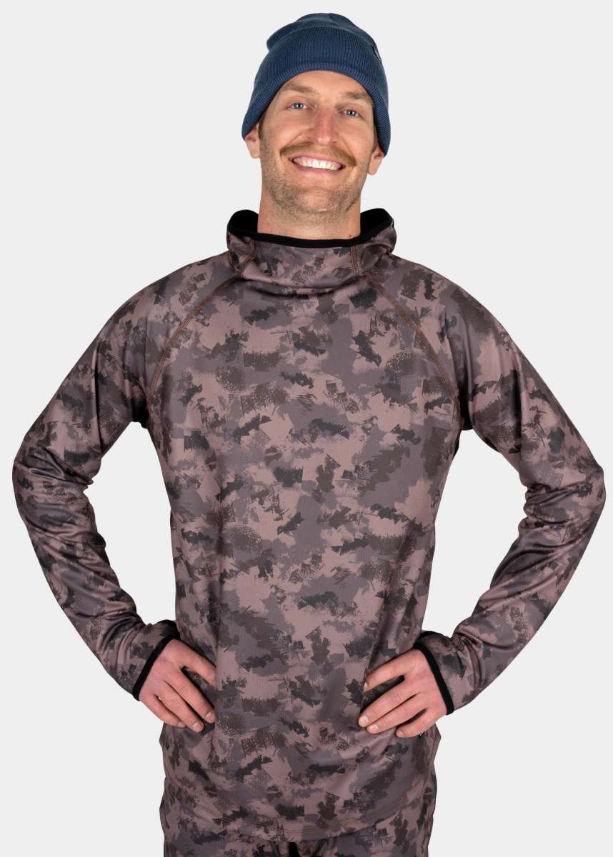 BlackStrap Summit Base Layer Hoodie 2024 - A black hoodie with a white snowboard graphic on the front.