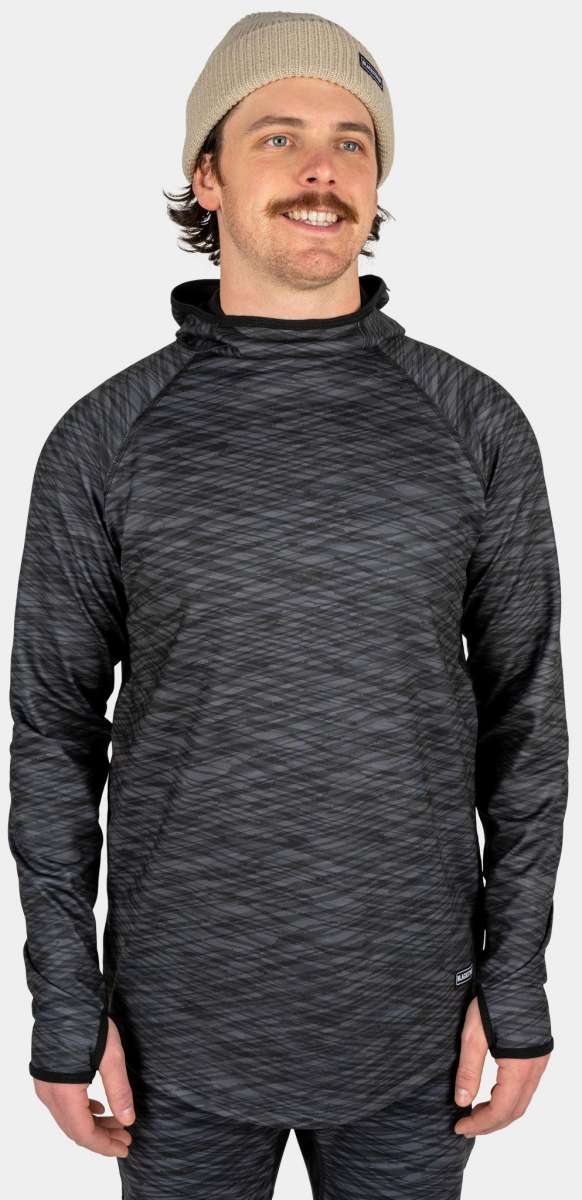 BlackStrap Summit Base Layer Hoodie - A black hoodie with a diagonal white stripe pattern on chest and sleeves.