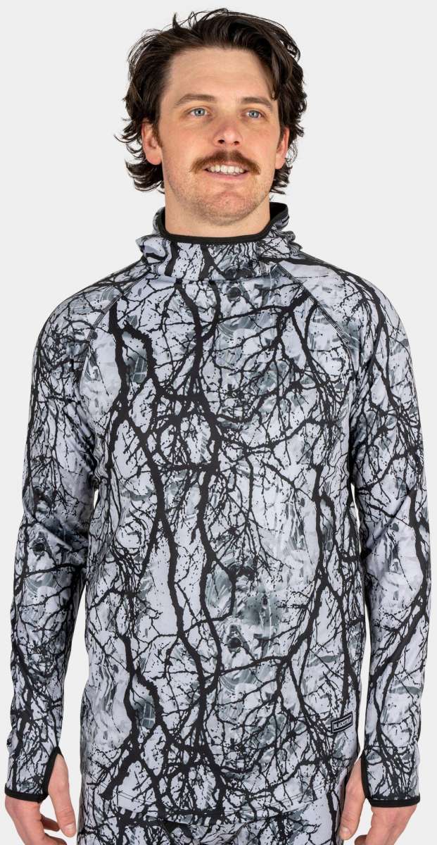 BlackStrap Summit Base Layer Hoodie - A black hoodie with a white and grey abstract pattern of lines and shapes.