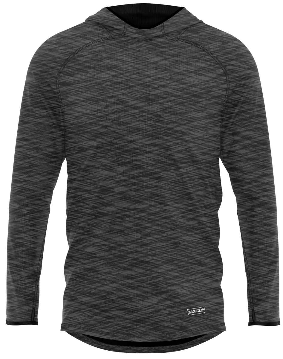 BlackStrap Summit Base Layer Hoodie 2024 - A black hoodie with a subtle white geometric pattern and a hood.