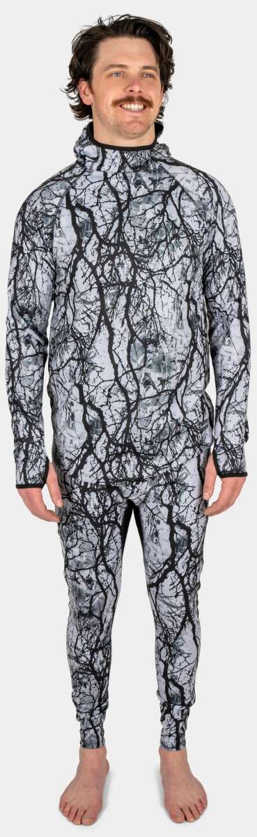 BlackStrap Summit Bottom Baselayer 2024 - A black-and-white baselayer with a marbled pattern of gray and white.