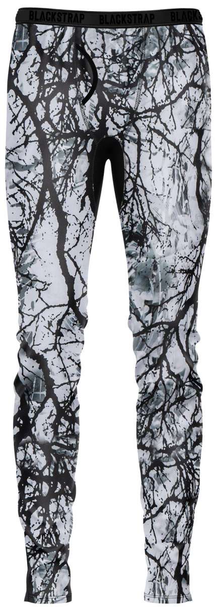 BlackStrap Summit Bottom Baselayer 2024 - A pair of black and white snowboard pants with a pattern of dark branches on a light background.