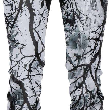 BlackStrap Summit Bottom Baselayer 2024 - A pair of black and white snowboard pants with a pattern of dark branches on a light background.