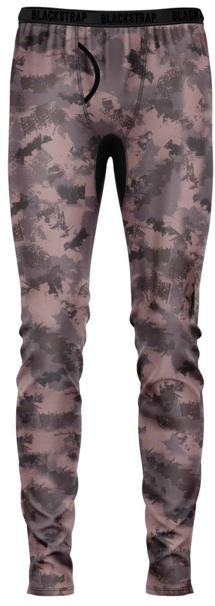 BlackStrap Summit Bottom Baselayer 2024 - A pair of black and grey camouflage-printed men's leggings with a forest scene design.