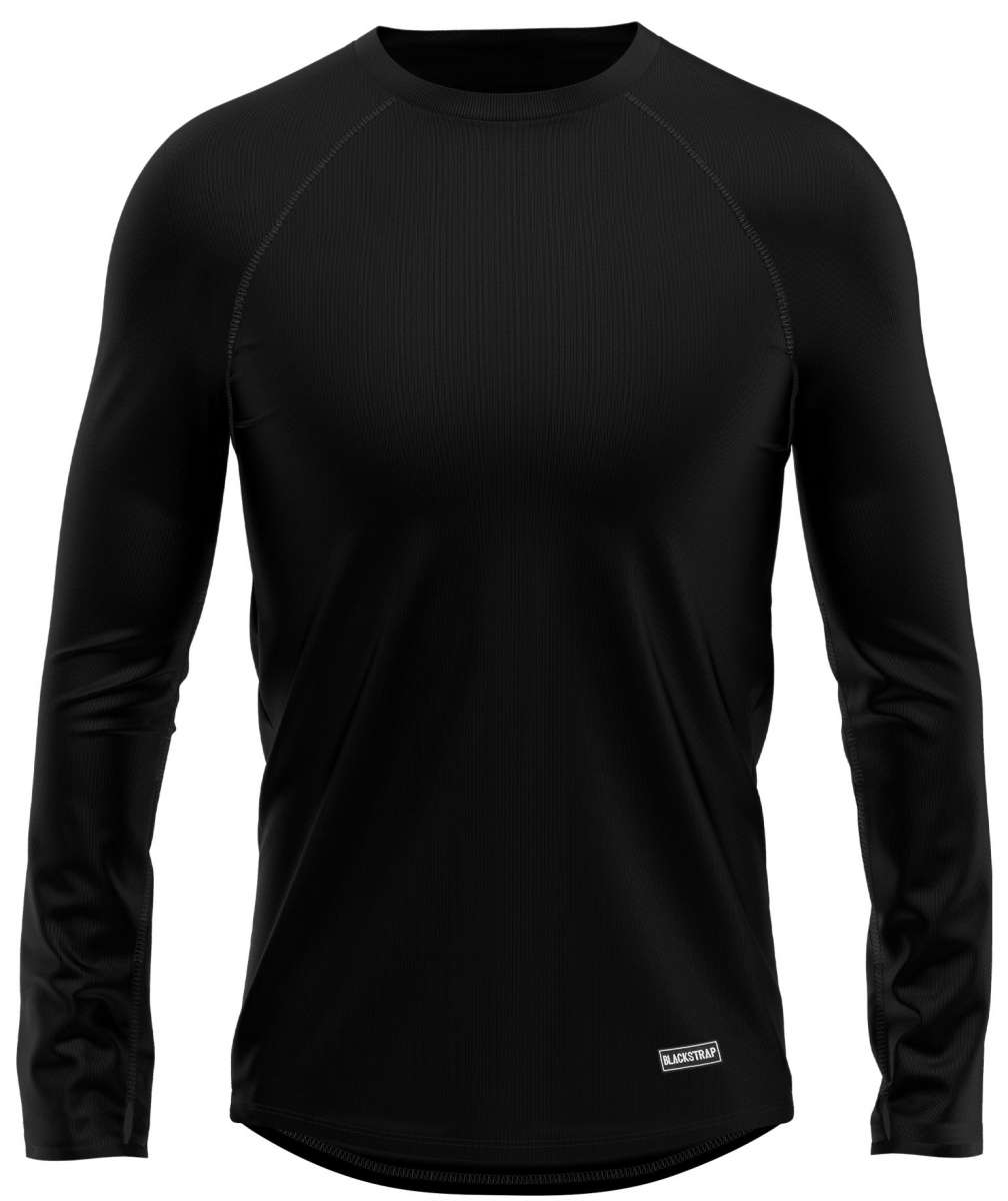 BlackStrap Summit Crew Top Baselayer 2024 - A black crew-neck top with a ribbed texture and thin white stitching on the shoulders.