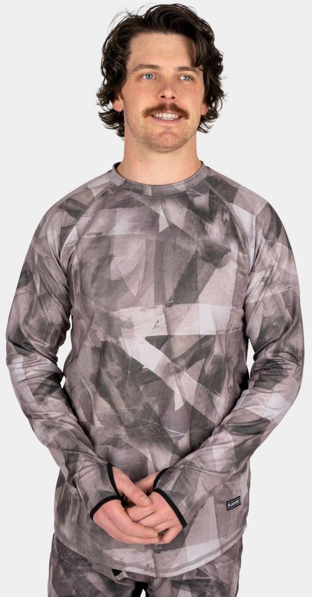 BlackStrap Summit Crew Top Baselayer - A black crew-neck top with a geometric pattern of white and grey shapes.