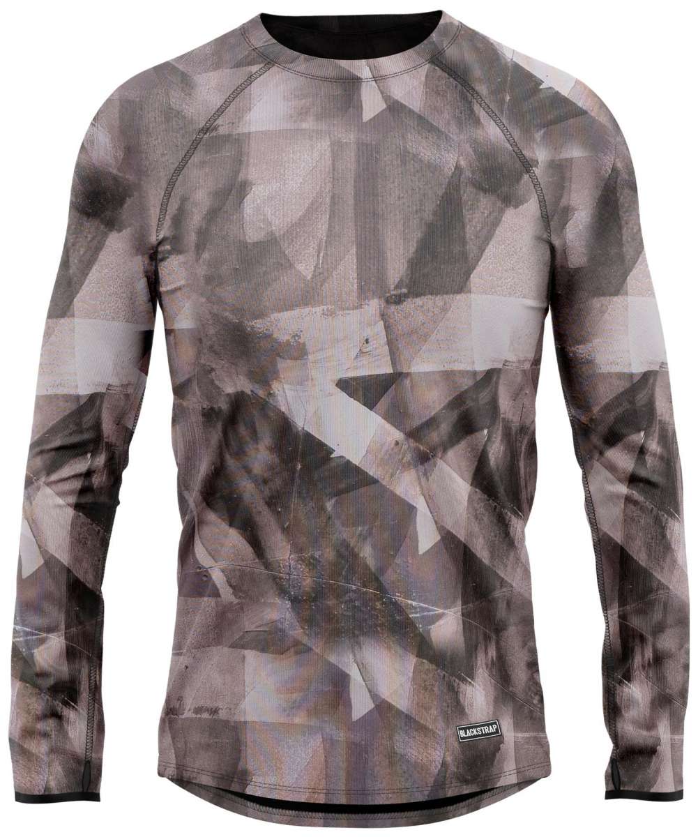 BlackStrap Summit Crew Top Baselayer 2024 - A black crew-neck top with a geometric pattern of white lines and shapes.