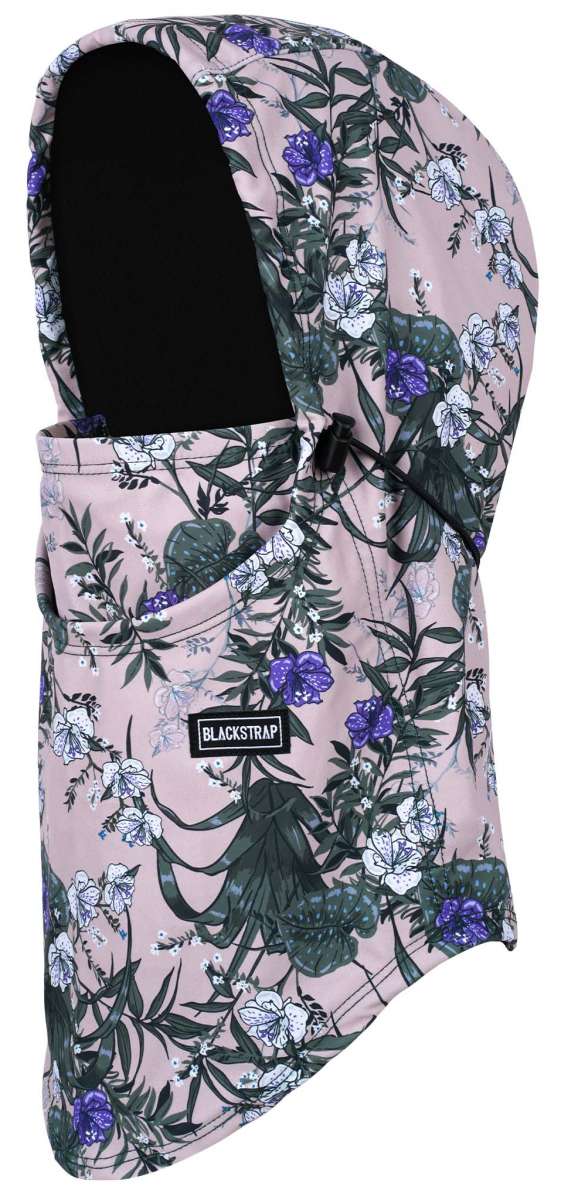 BlackStrap Team Hood Print Balaclava 2024 - A pink balaclava with a floral pattern of purple and white flowers, green leaves, and stems.