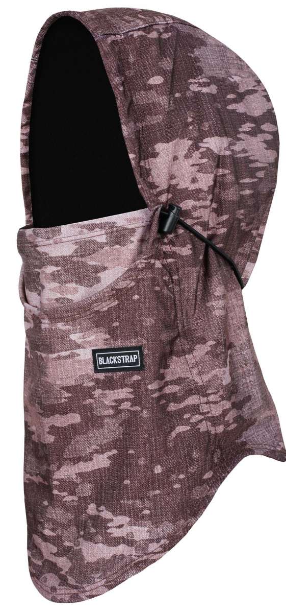 BlackStrap Team Hood Print Balaclava 2024 - A black balaclava with a white and grey camouflage pattern on the hood.