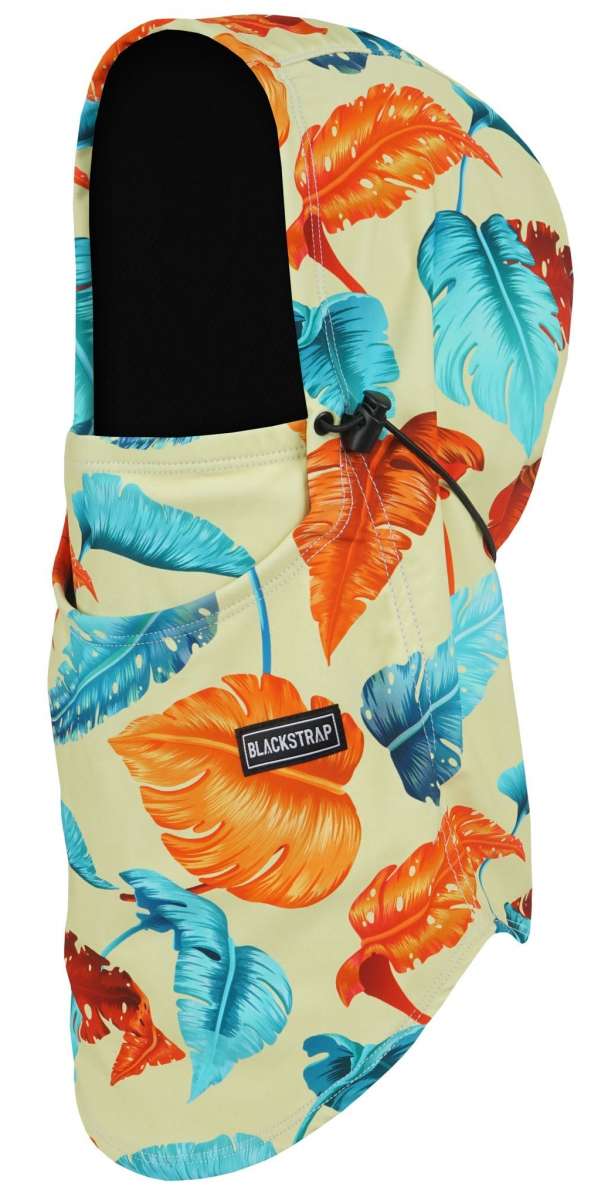 BlackStrap Team Hood Print Balaclava 2024 - A black balaclava with a repeating pattern of orange and blue leaves on a cream background.