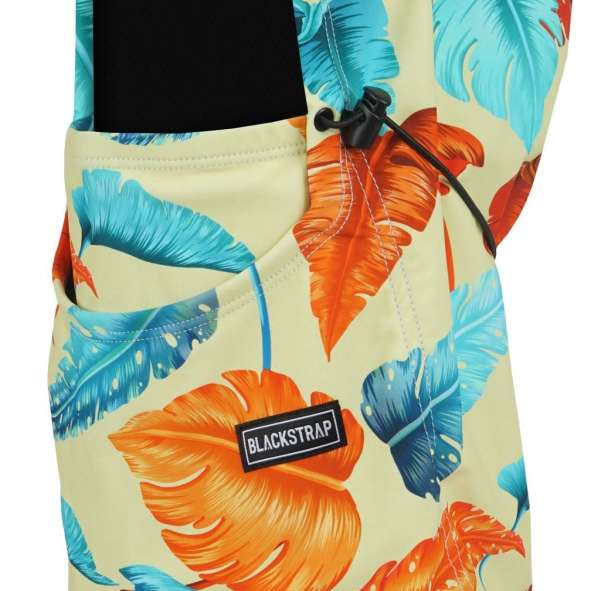 BlackStrap Team Hood Print Balaclava 2024 - A black balaclava with a repeating pattern of orange and blue leaves on a cream background.