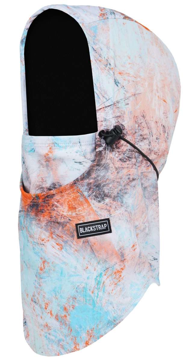 BlackStrap Team Hood Print Balaclava 2024 - A white balaclava with a black hood and orange, blue, and gray print.