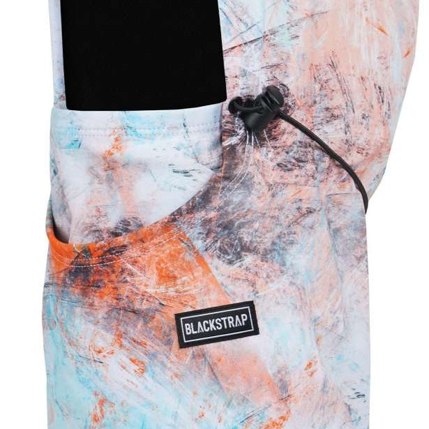 BlackStrap Team Hood Print Balaclava 2024 - A white balaclava with a black hood and orange, blue, and gray print.