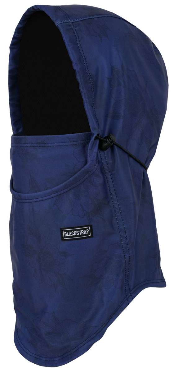 BlackStrap Team Hood Print Balaclava 2024 - A navy blue balaclava with a subtle black logo pattern on the hood.