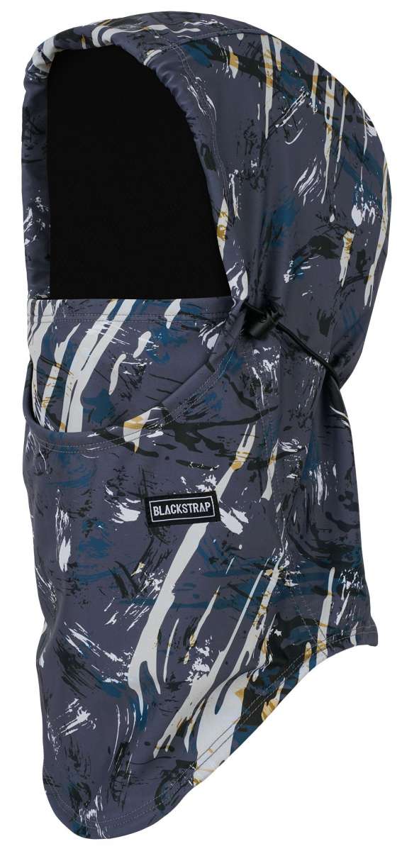 BlackStrap Team Hood Print Balaclava 2024 - A black balaclava with a white and gold abstract print design.