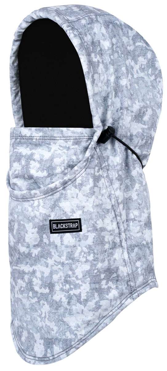 BlackStrap Team Hood Print Balaclava 2024 - A gray and white camouflage print balaclava with a black drawstring at the neck.