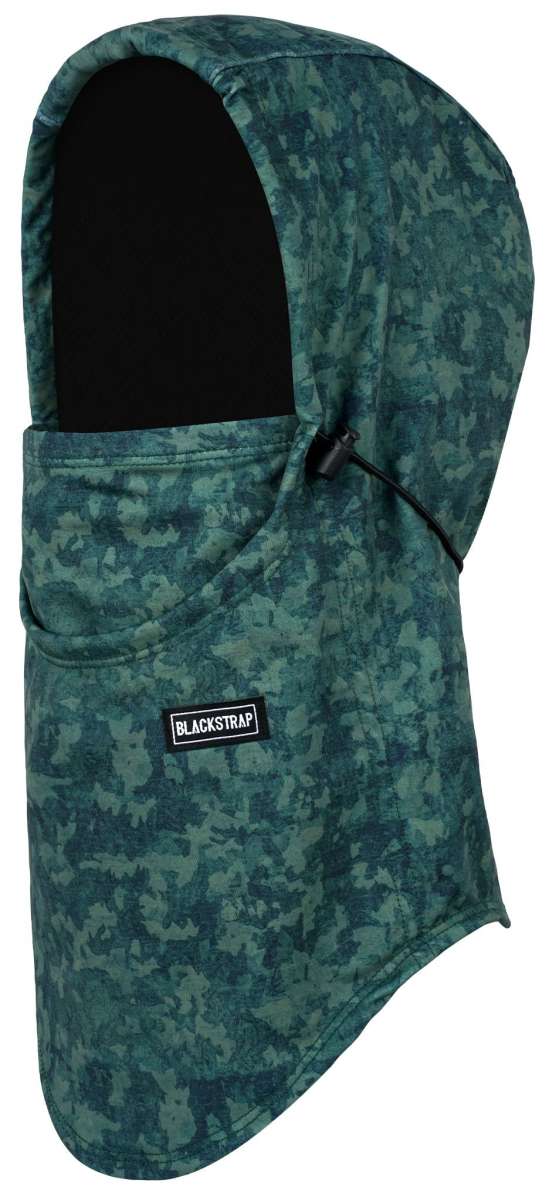 BlackStrap Team Hood Print Balaclava 2024 - A green and black camouflage-print balaclava with a hood.