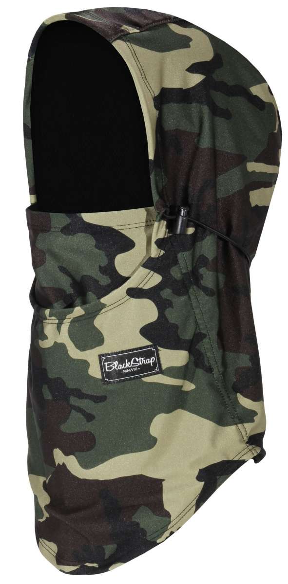 BlackStrap Team Hood Print Balaclava 2024 - A camouflage-print balaclava with a black hood and adjustable drawstring.
