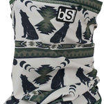 BlackStrap The Tube Print Dual Layer 2024 - A white neck gaiter with a repeating pattern of black wolves howling at the moon and trees in the background.