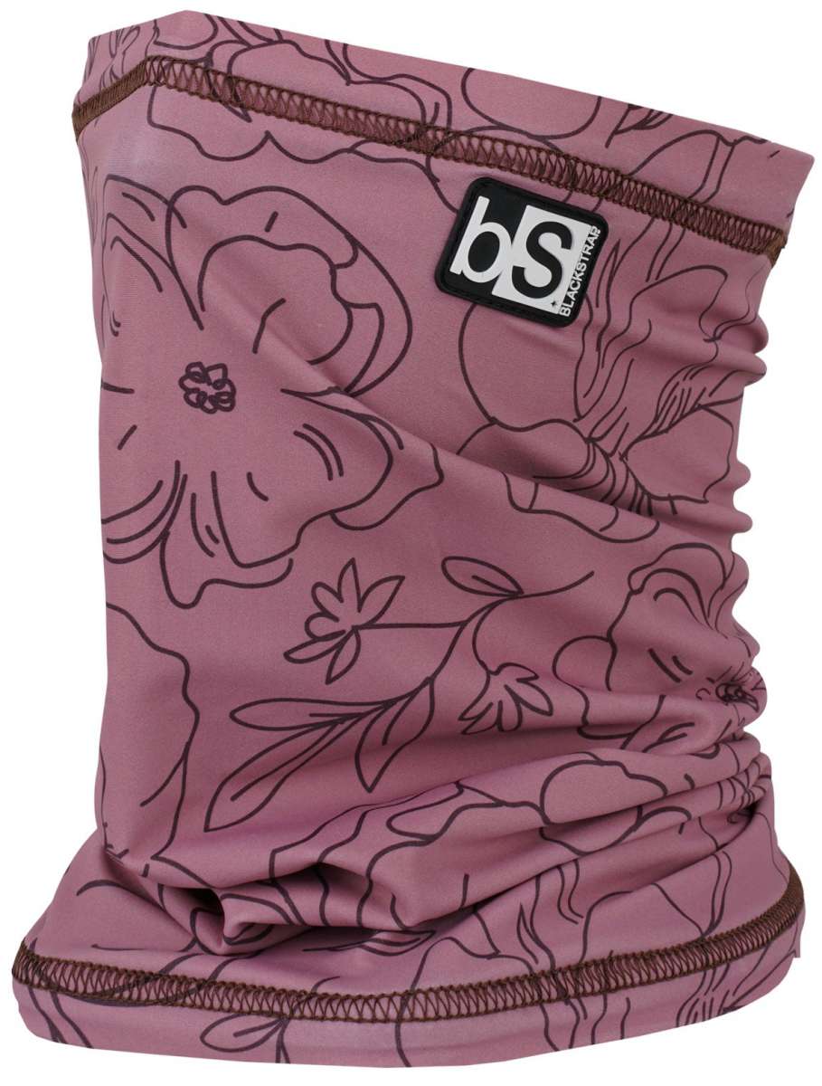 BlackStrap The Tube Print Dual Layer 2024 - A pink balaclava with a black line-art floral pattern and brown stitching.