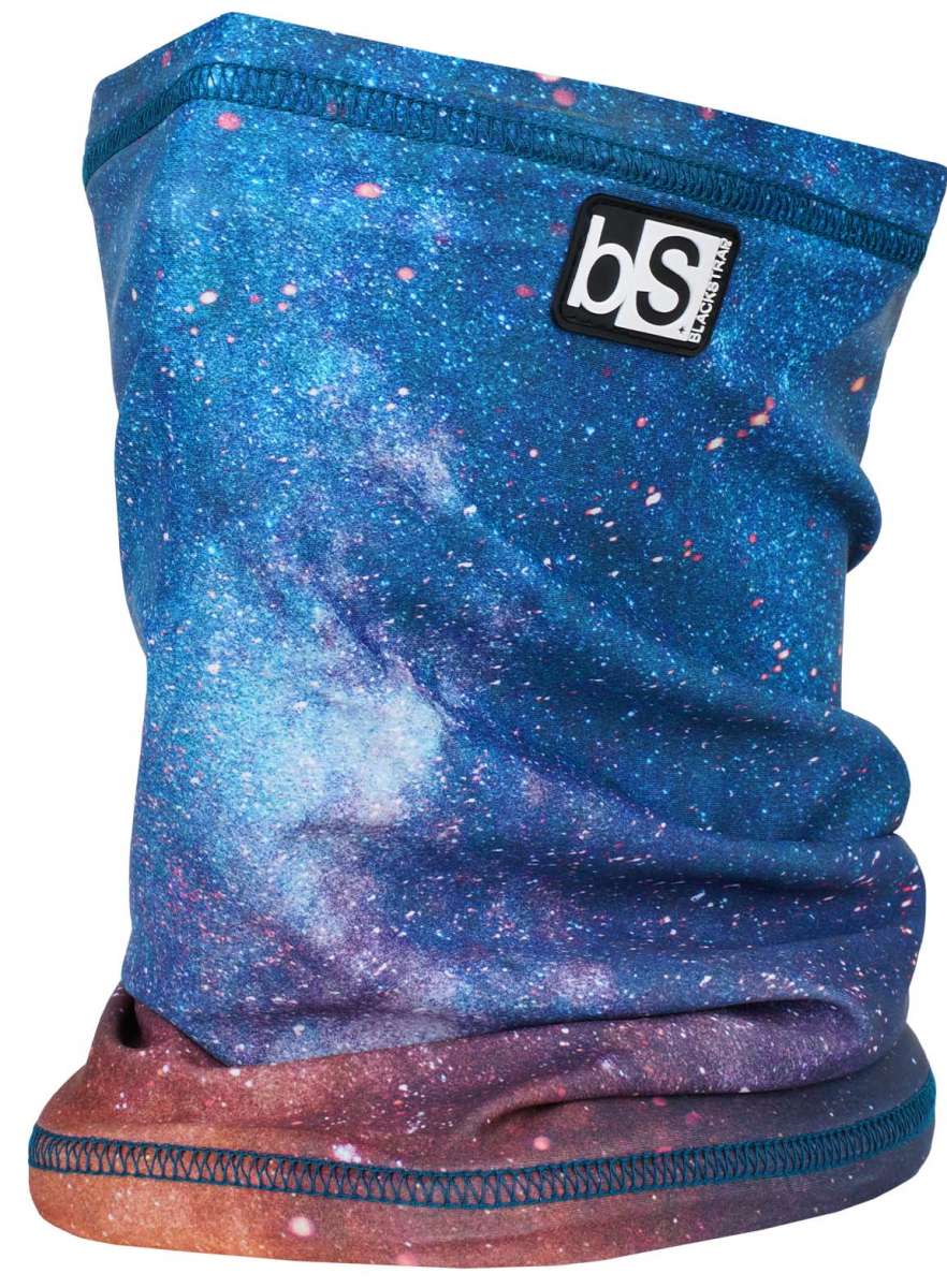 BlackStrap The Tube Print Dual Layer 2024 - A blue and pink snowboard neck gaiter with a repeating pattern of black and white snowboards.