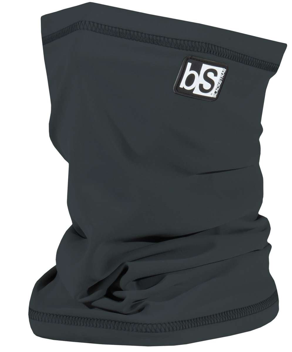 BlackStrap The Tube Solid Dual Layer 2024 - A black neck gaiter with a solid pattern and dual layer design, featuring a rectangular logo patch on the upper right side that says "bS" in white letters.