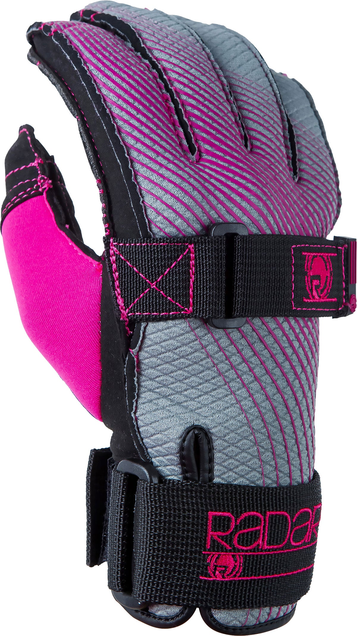 Radar Ladies' Bliss Glove 2017 - A gray glove with pink stitching and a pink palm, featuring a textured pattern on the back of the hand.