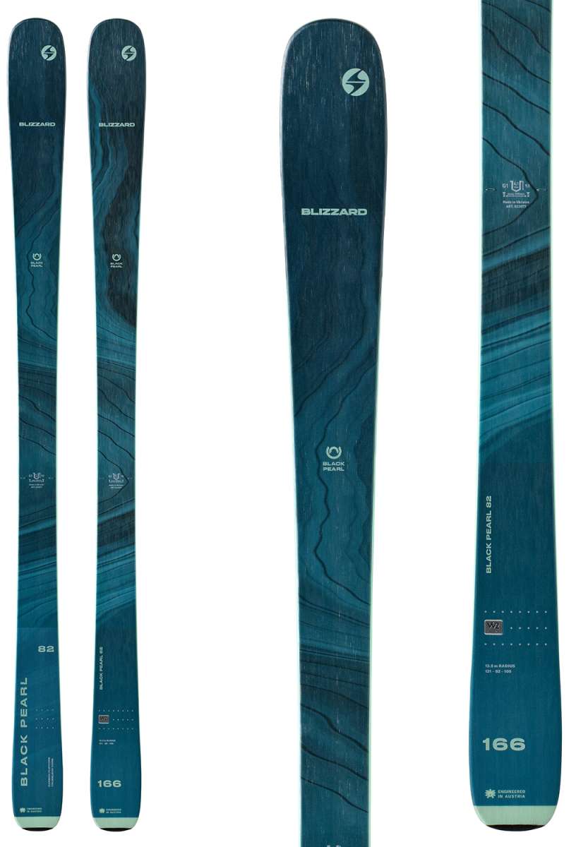 Blizzard Women's Black Pearl 82 Ski 2024 - A dark blue ski with a black marbled pattern and white lettering.