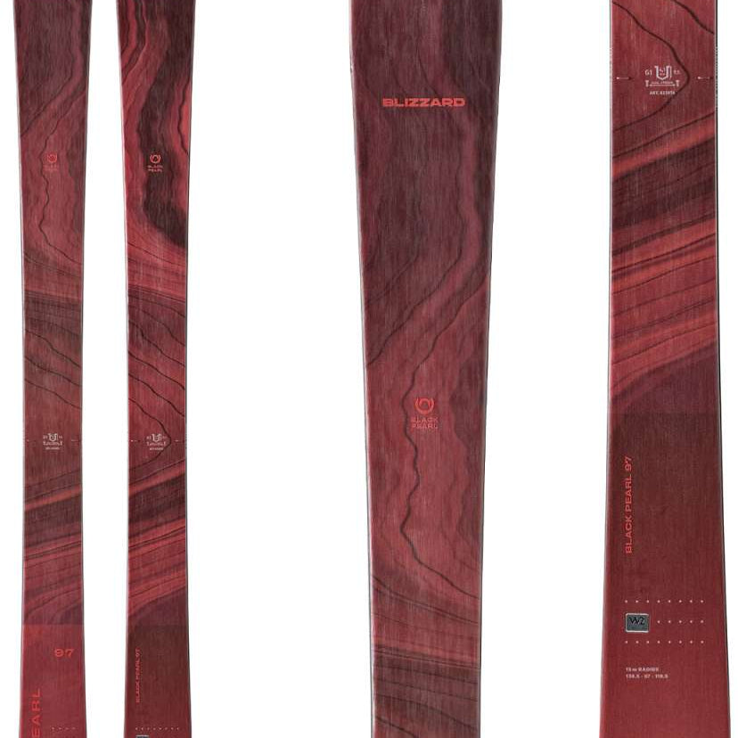 Blizzard Women's Black Pearl 97 Skis 2024 - A pair of skis with a maroon-colored top sheet featuring black wavy lines and a circular logo at the tip.
