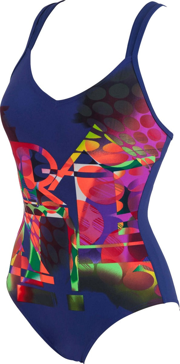 Arena Ladies' Blur One Piece Body Fit Swimsuit - A navy blue swimsuit with a geometric pattern of red, green, and purple shapes on the torso.