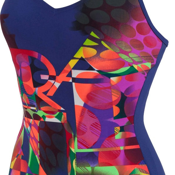Arena Ladies' Blur One Piece Body Fit Swimsuit - A navy blue swimsuit with a geometric pattern of red, green, and purple shapes on the torso.