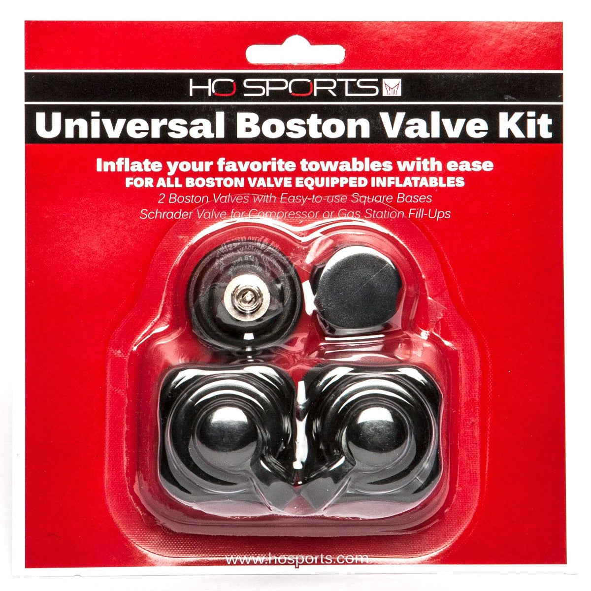 HO Sports Boston Valve 2-Pack 2016 - Two black valves with silver metal hardware in a clear plastic package.
