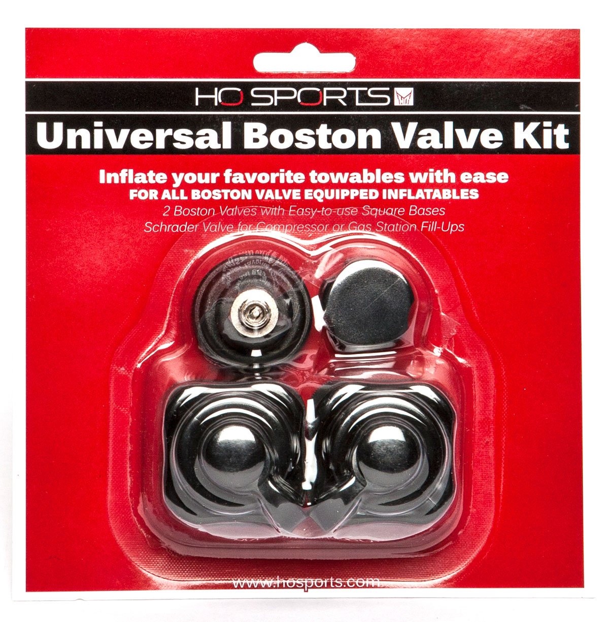 HO Sports Boston Valve 2-Pack 2016 - Two black valves with silver metal hardware in a clear plastic package.