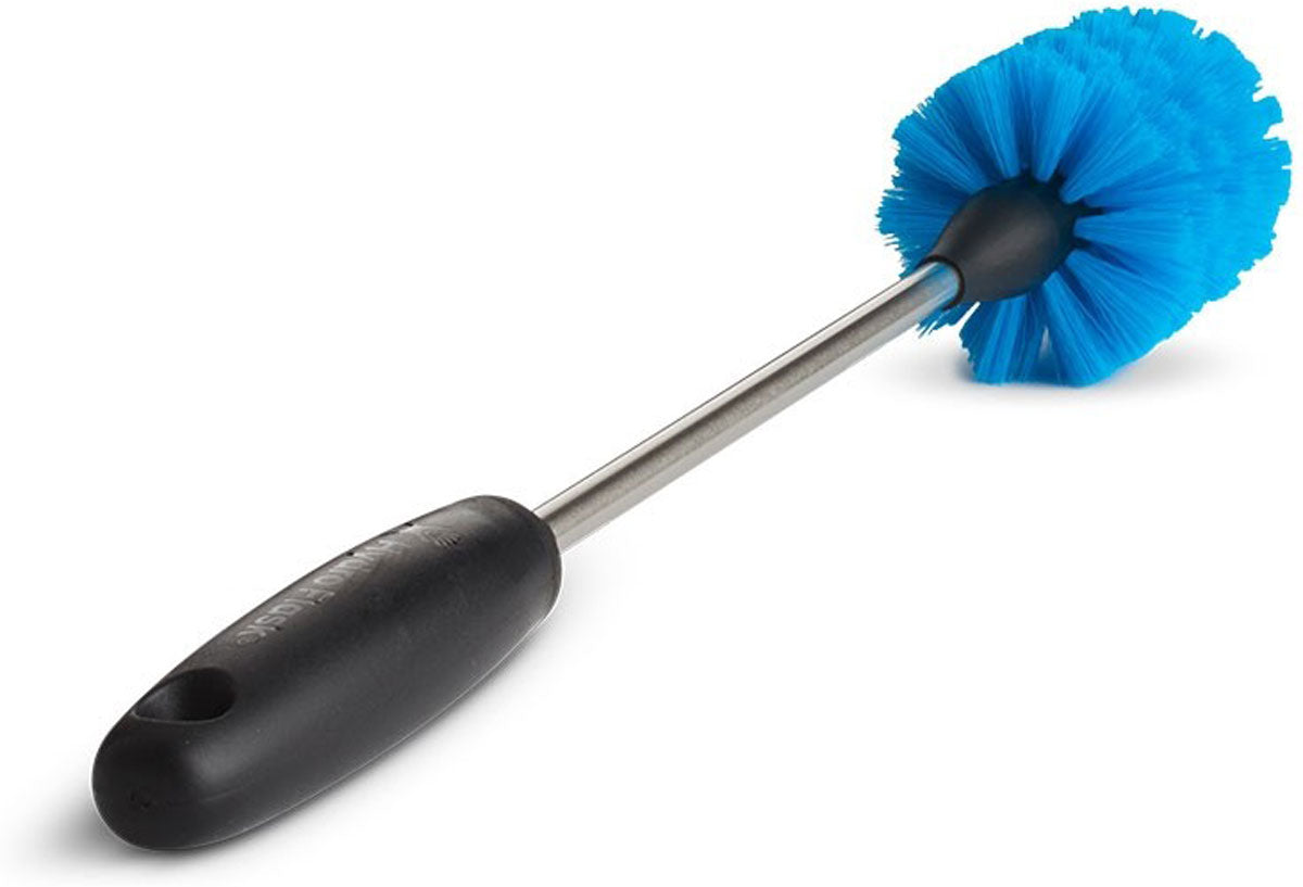 Hydro Flask Bottle Brush - Long-handled brush with blue bristles and a black handle, featuring a circular head at one end.