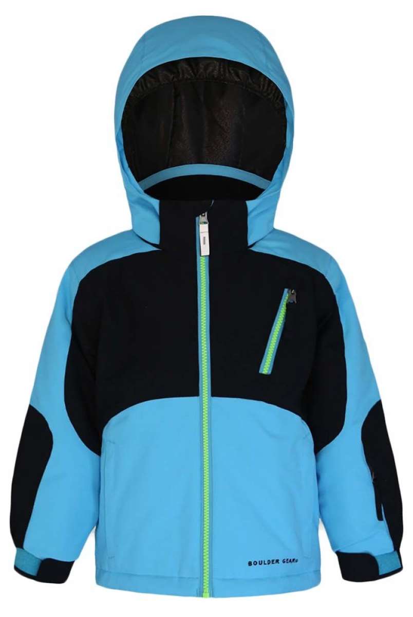 Boulder Gear Boys Aiden Insulated Jacket 2024 - A blue and black insulated jacket with a hood, featuring a zipper closure on the front.