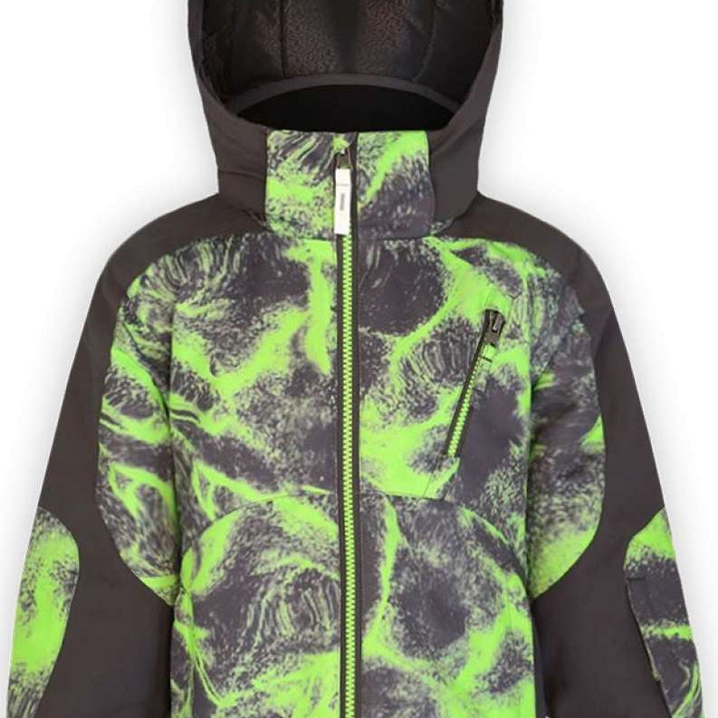 Boulder Gear Boys Aiden Insulated Jacket 2024 - A black and neon green snowboard jacket with a hood, featuring a zippered chest pocket on the left side.