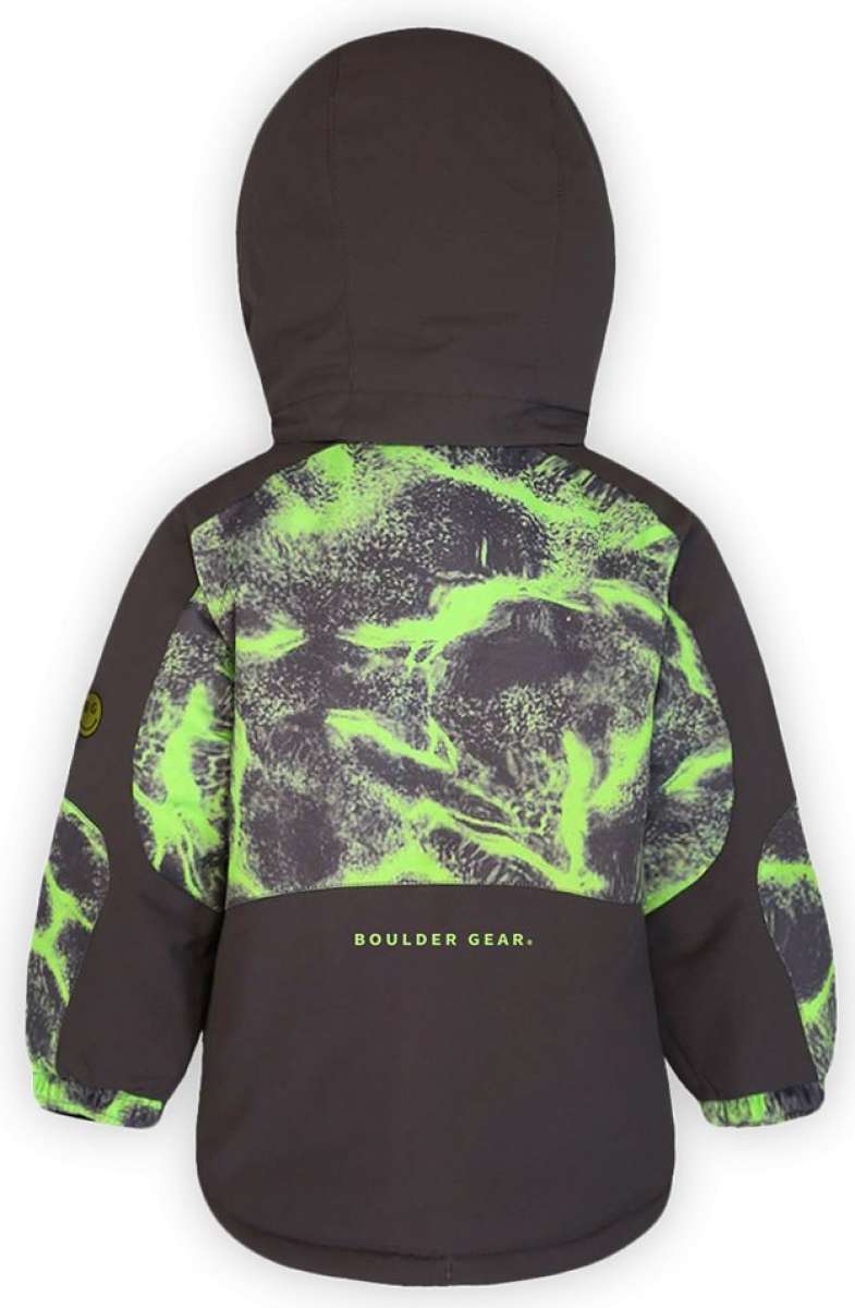 Boulder Gear Boys Aiden Insulated Jacket 2024 - A black and neon green snowboard jacket with a bold, abstract pattern on the back.