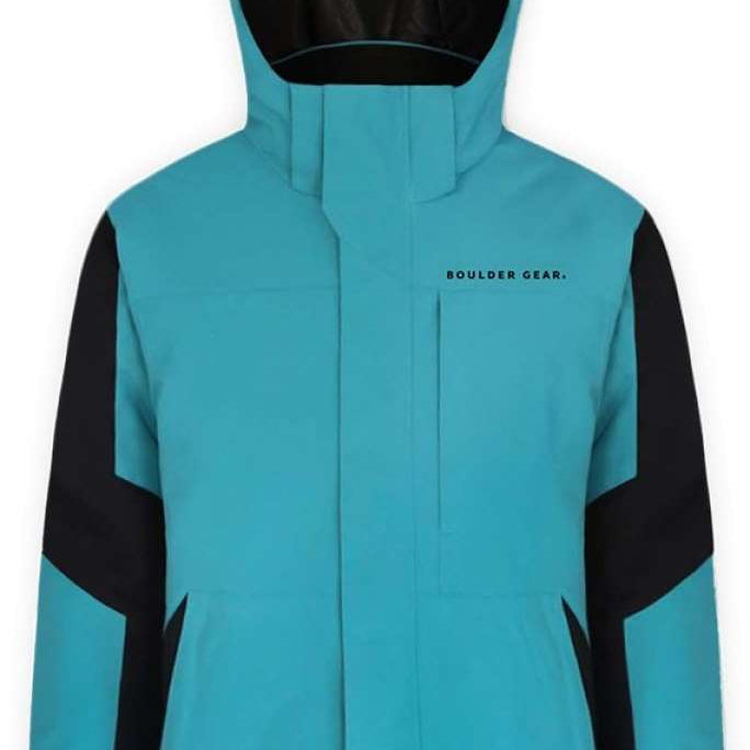 Boulder Gear Boys Cody Insulated Jacket 2024 - A light blue jacket with black accents on the sleeves and chest, featuring a hood and two zippered pockets.