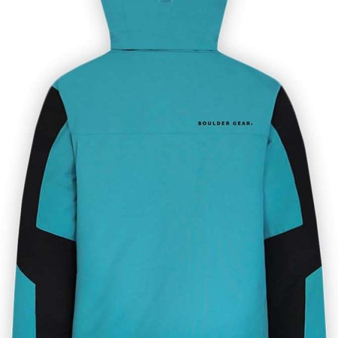 Boulder Gear Boys Cody Insulated Jacket 2024 - A turquoise jacket with black accents on the shoulders and sleeves, featuring a hood and a zipper down the front.