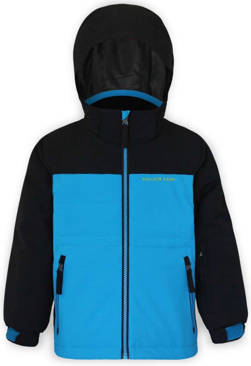 Boulder Gear Boys Grit Insulated Jacket 2022-2023 - A black and blue insulated jacket with a hood, featuring two zippered pockets on the front.