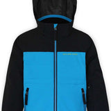 Boulder Gear Boys Grit Insulated Jacket 2022-2023 - A black and blue insulated jacket with a hood, featuring two zippered pockets on the front.